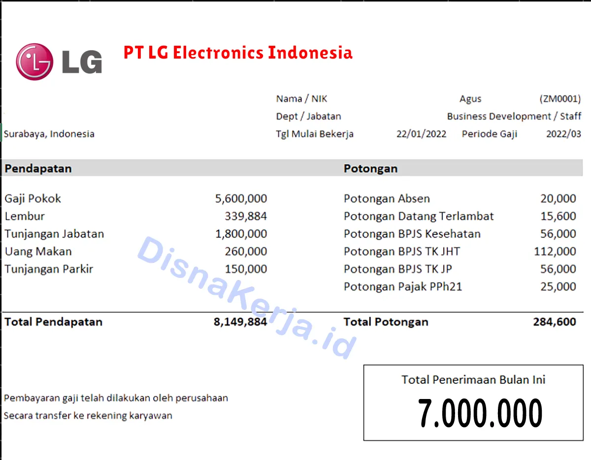 Slip Gaji PT LG Electronics Indonesia