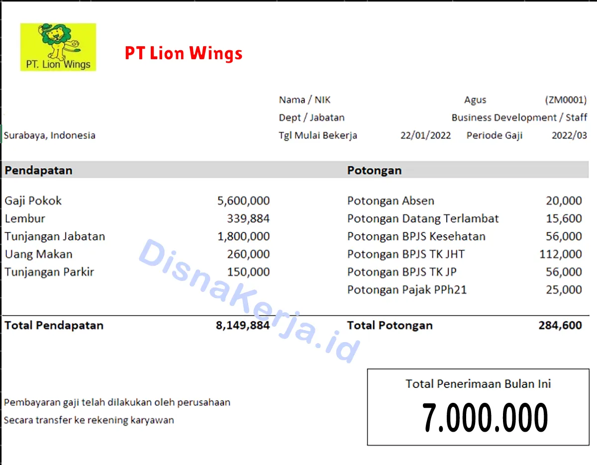 Slip Gaji PT Lion Wings