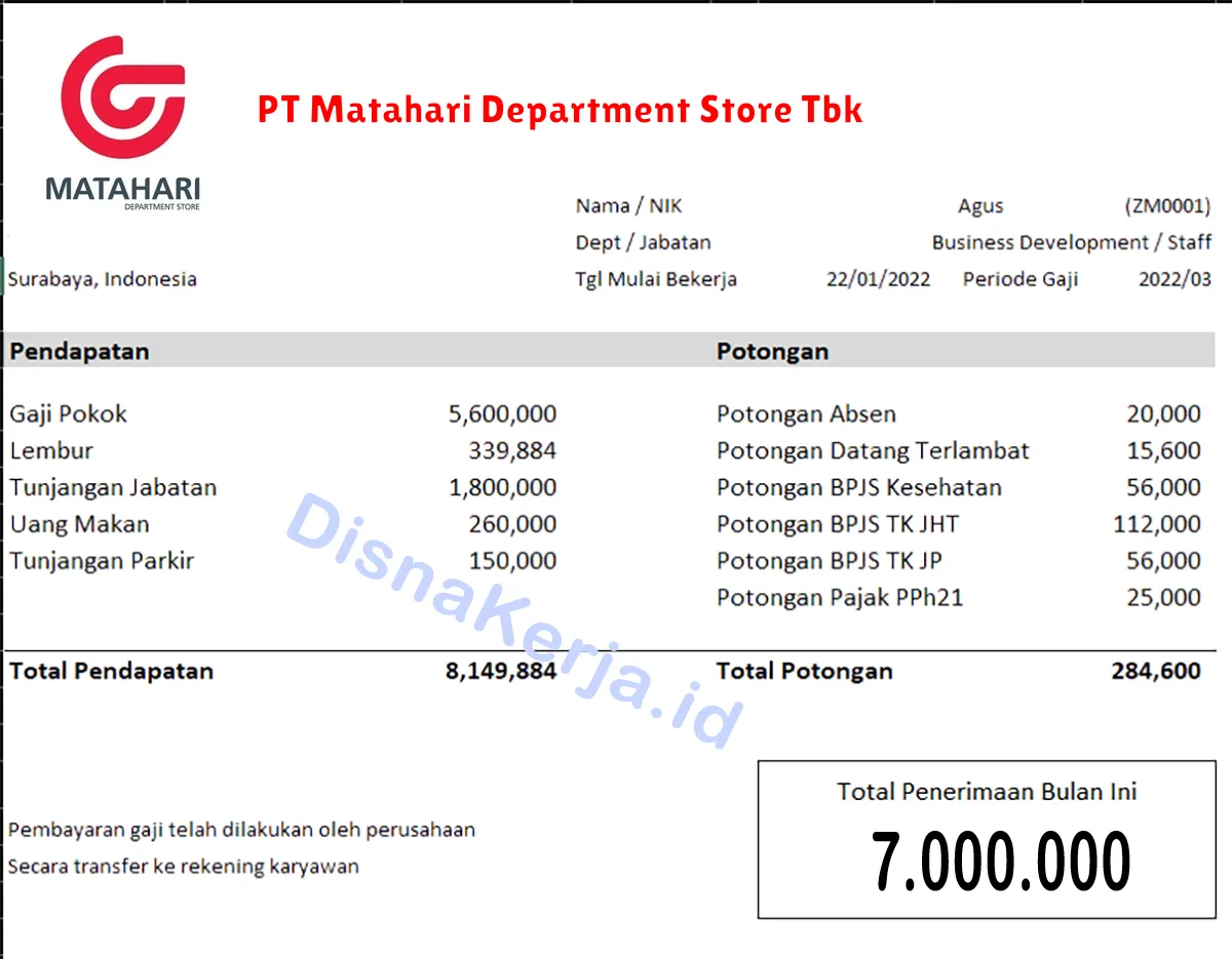 Slip Gaji PT Matahari Department Store Tbk