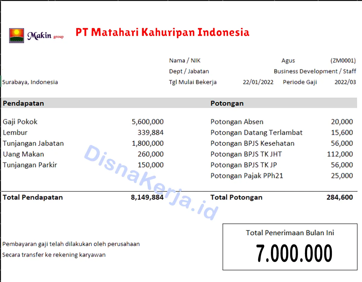 Slip Gaji PT Matahari Kahuripan Indonesia