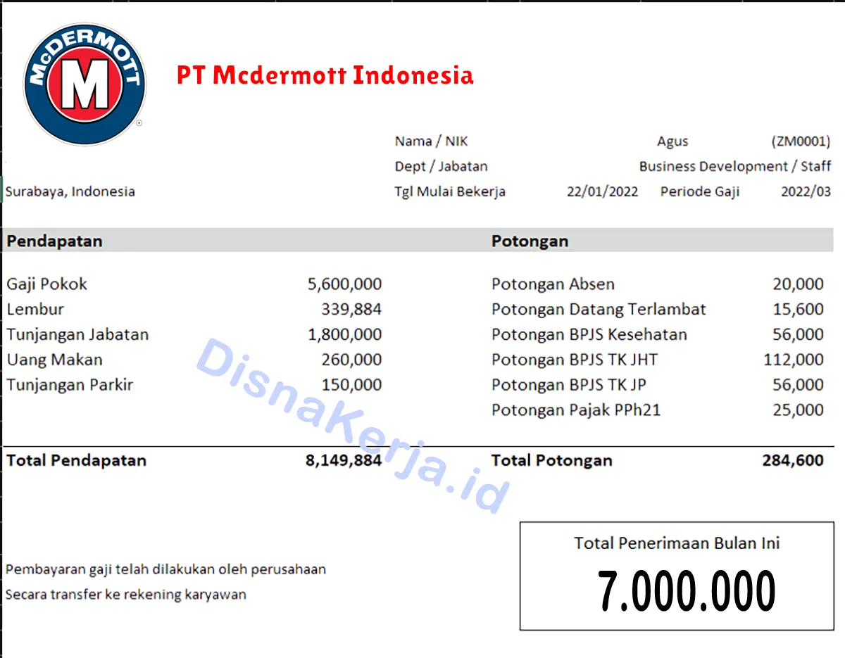 Slip Gaji PT Mcdermott Indonesia