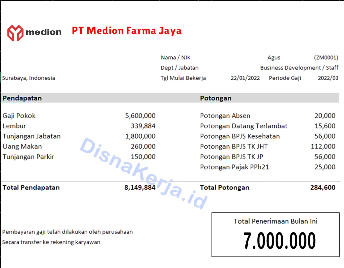 Slip Gaji PT Medion Farma Jaya