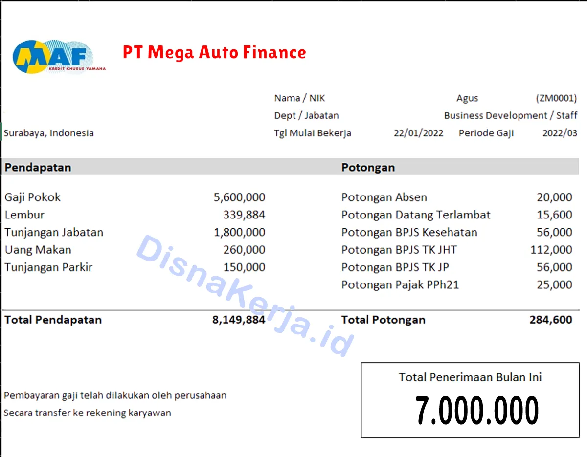 Slip Gaji PT Mega Auto Finance