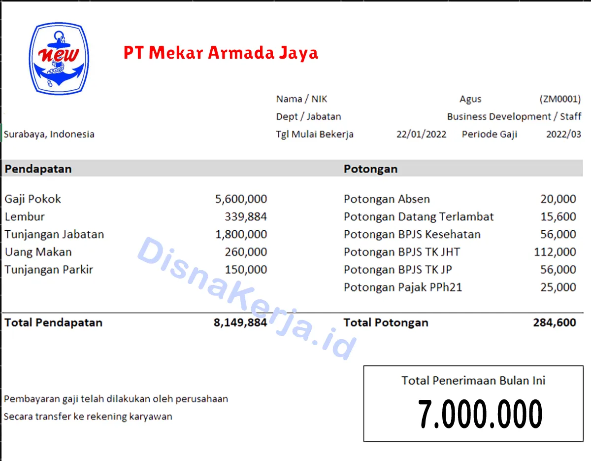 Slip Gaji PT Mekar Armada Jaya