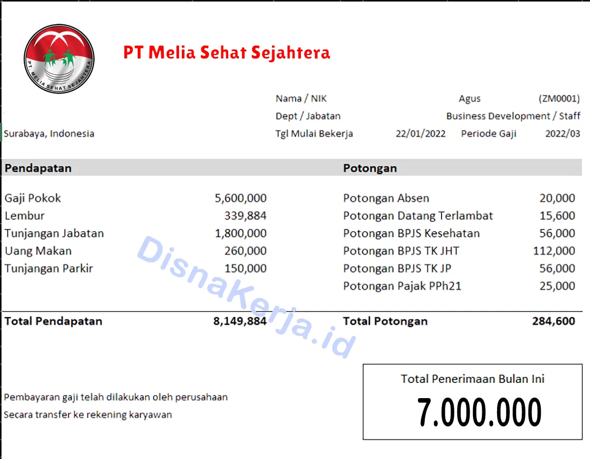 Slip Gaji PT Melia Sehat Sejahtera