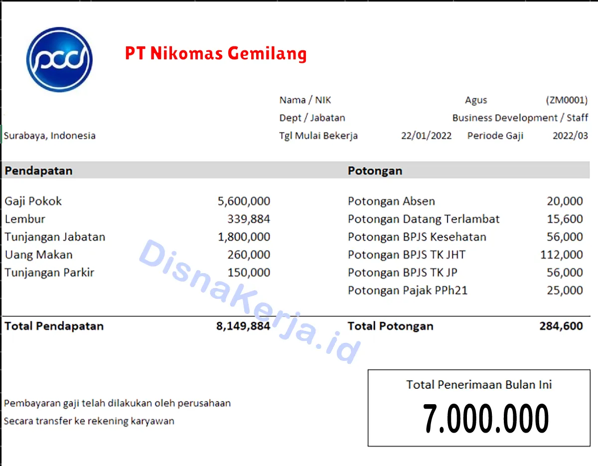 Slip Gaji PT Nikomas Gemilang