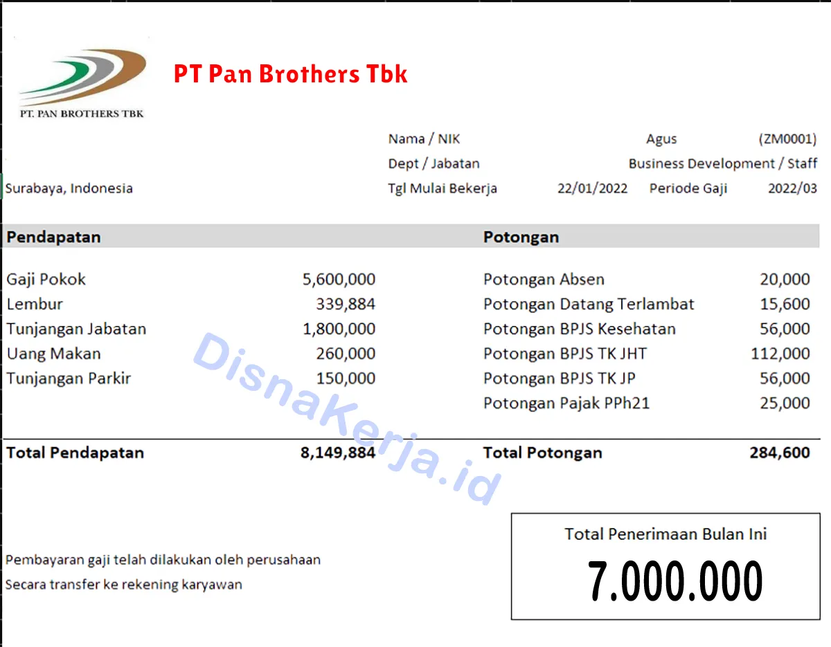 Slip Gaji PT Pan Brothers Tbk