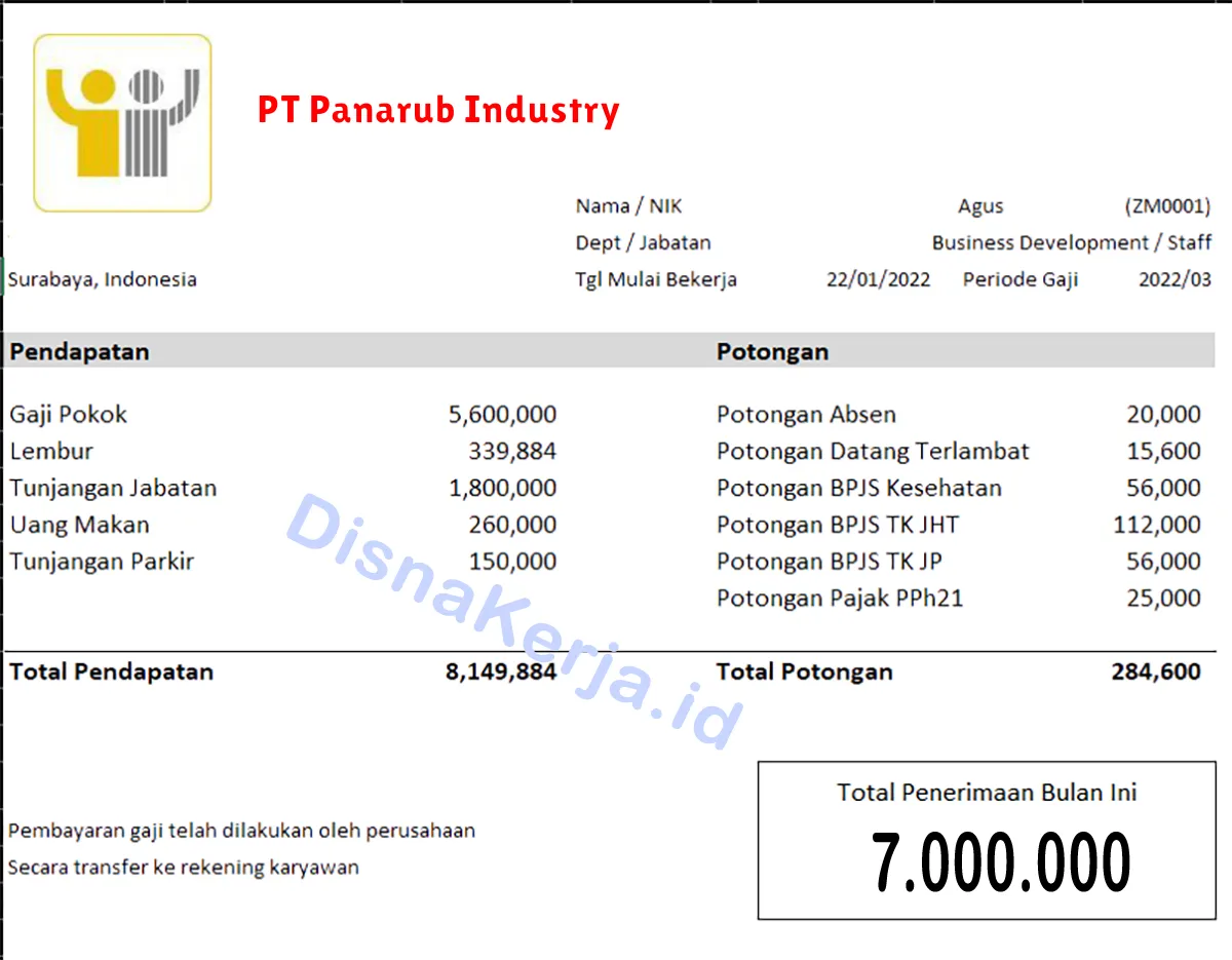 Slip Gaji PT Panarub Industry