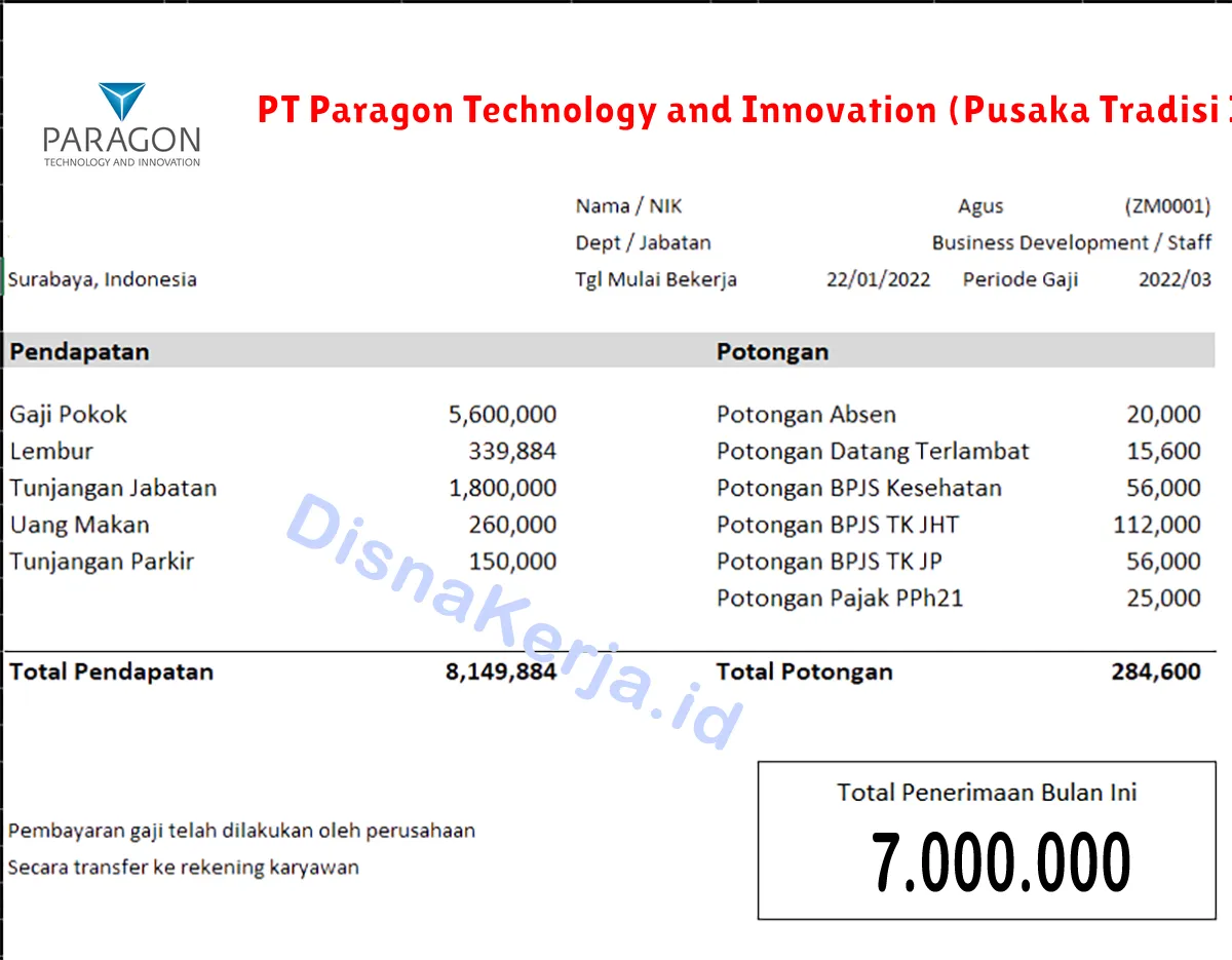 Slip Gaji PT Paragon Technology and Innovation (Pusaka Tradisi Ibu)