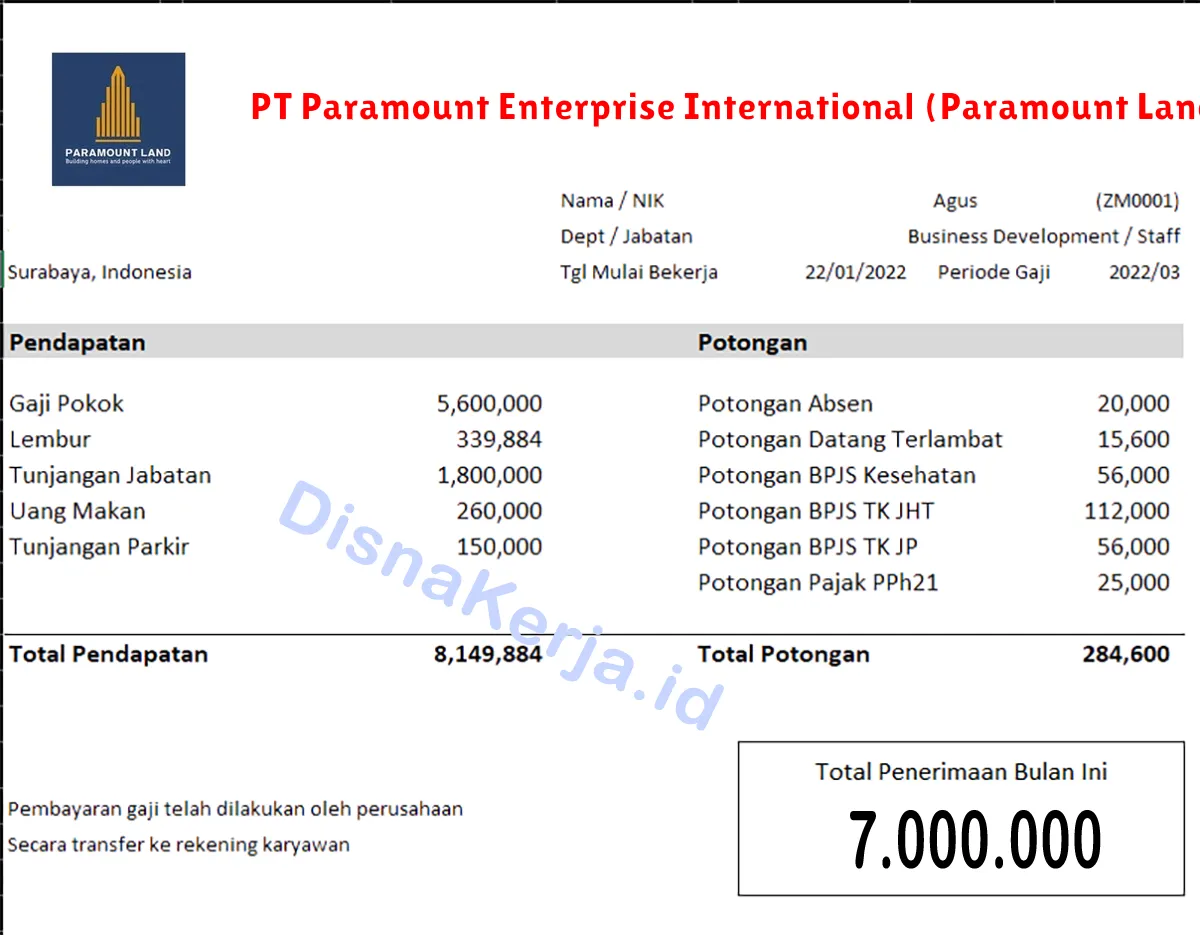 Slip Gaji PT Paramount Enterprise International (Paramount Land)