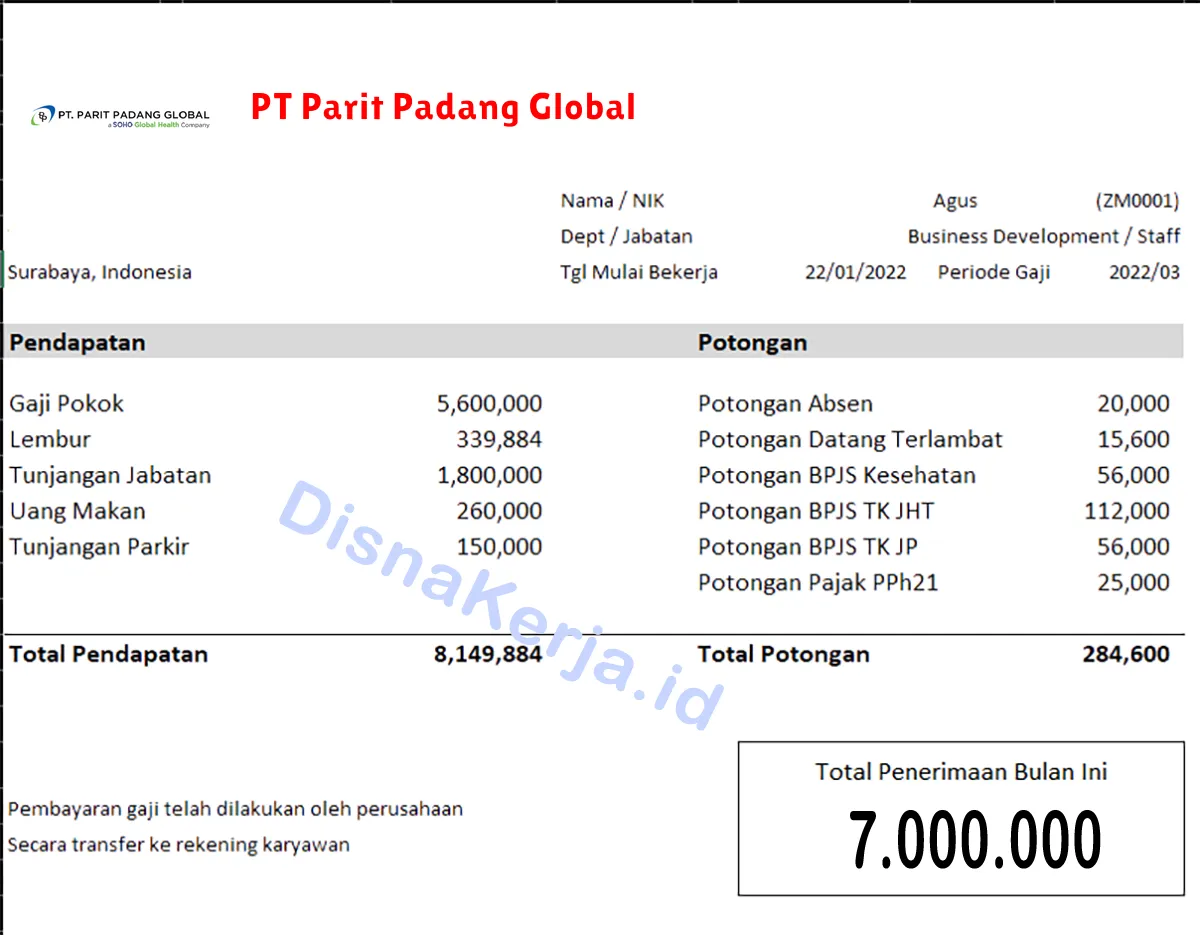 Slip Gaji PT Parit Padang Global