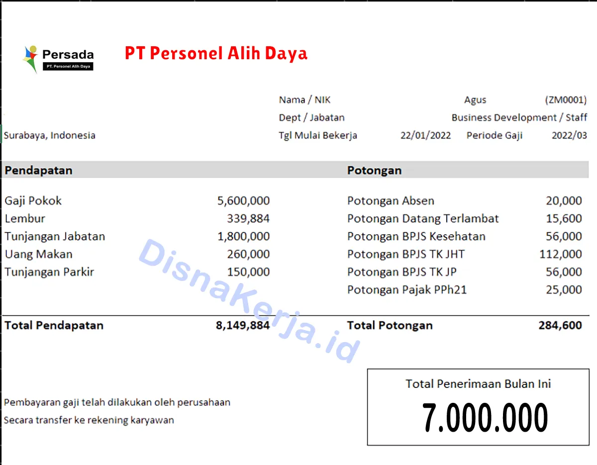 Slip Gaji PT Personel Alih Daya