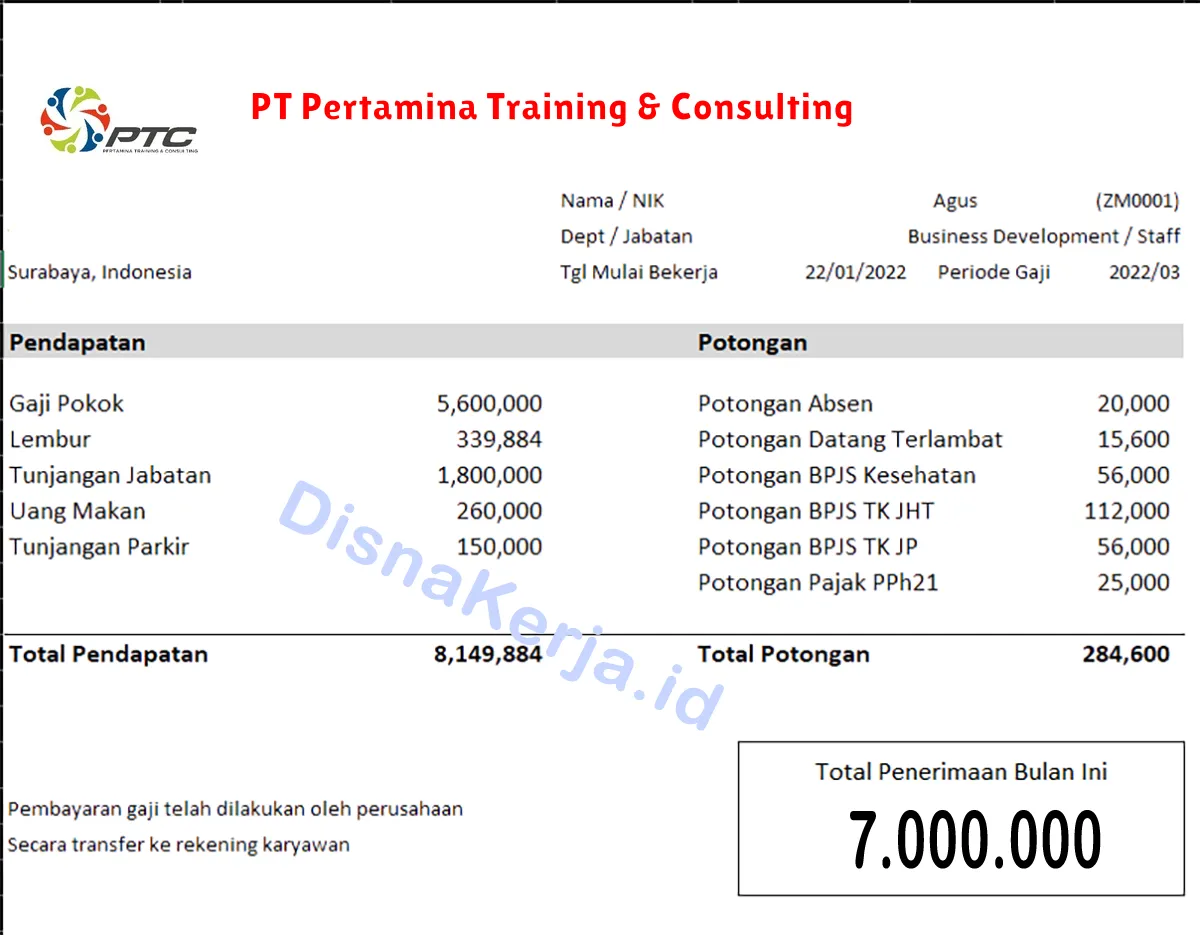 Slip Gaji PT Pertamina Training & Consulting