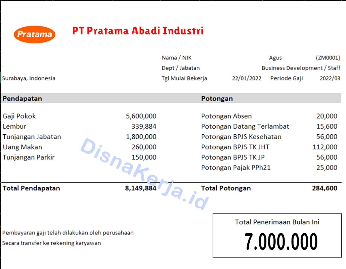 Slip Gaji PT Pratama Abadi Industri