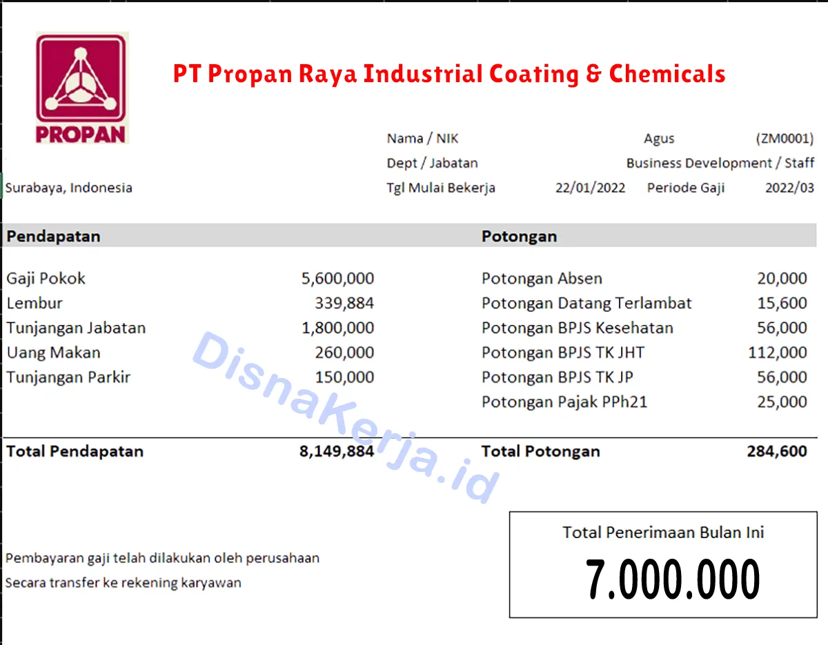 Slip Gaji PT Propan Raya Industrial Coating & Chemicals