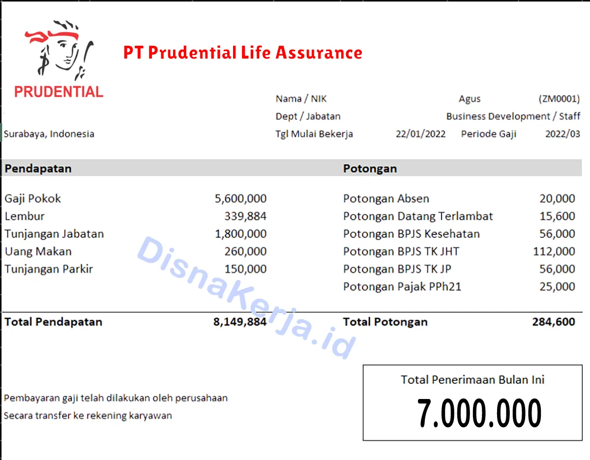 Slip Gaji PT Prudential Life Assurance