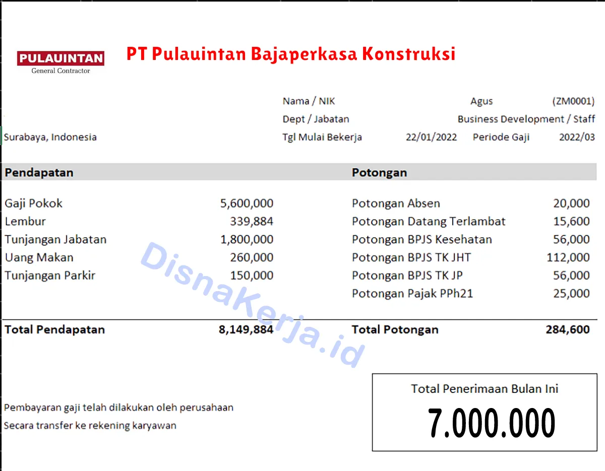 Slip Gaji PT Pulauintan Bajaperkasa Konstruksi