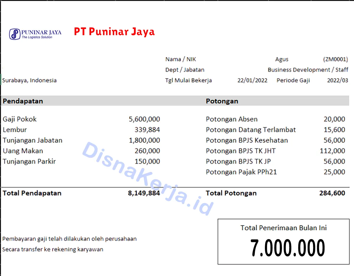 Slip Gaji PT Puninar Jaya