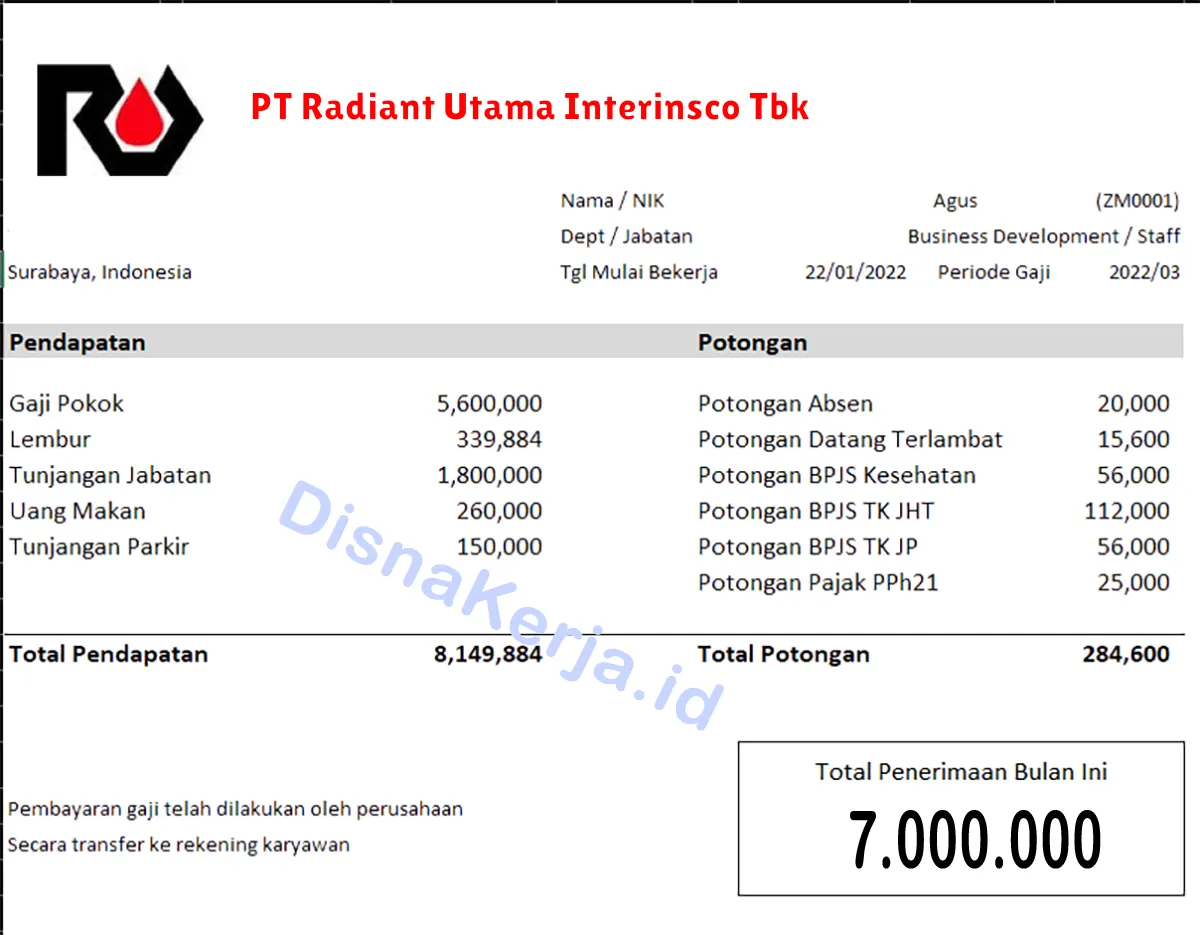 Slip Gaji PT Radiant Utama Interinsco Tbk