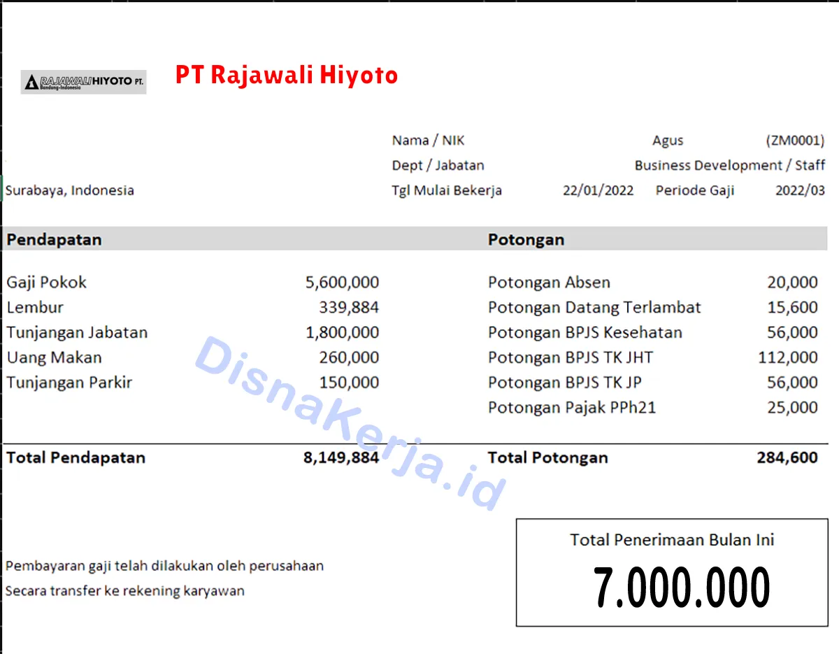 Slip Gaji PT Rajawali Hiyoto