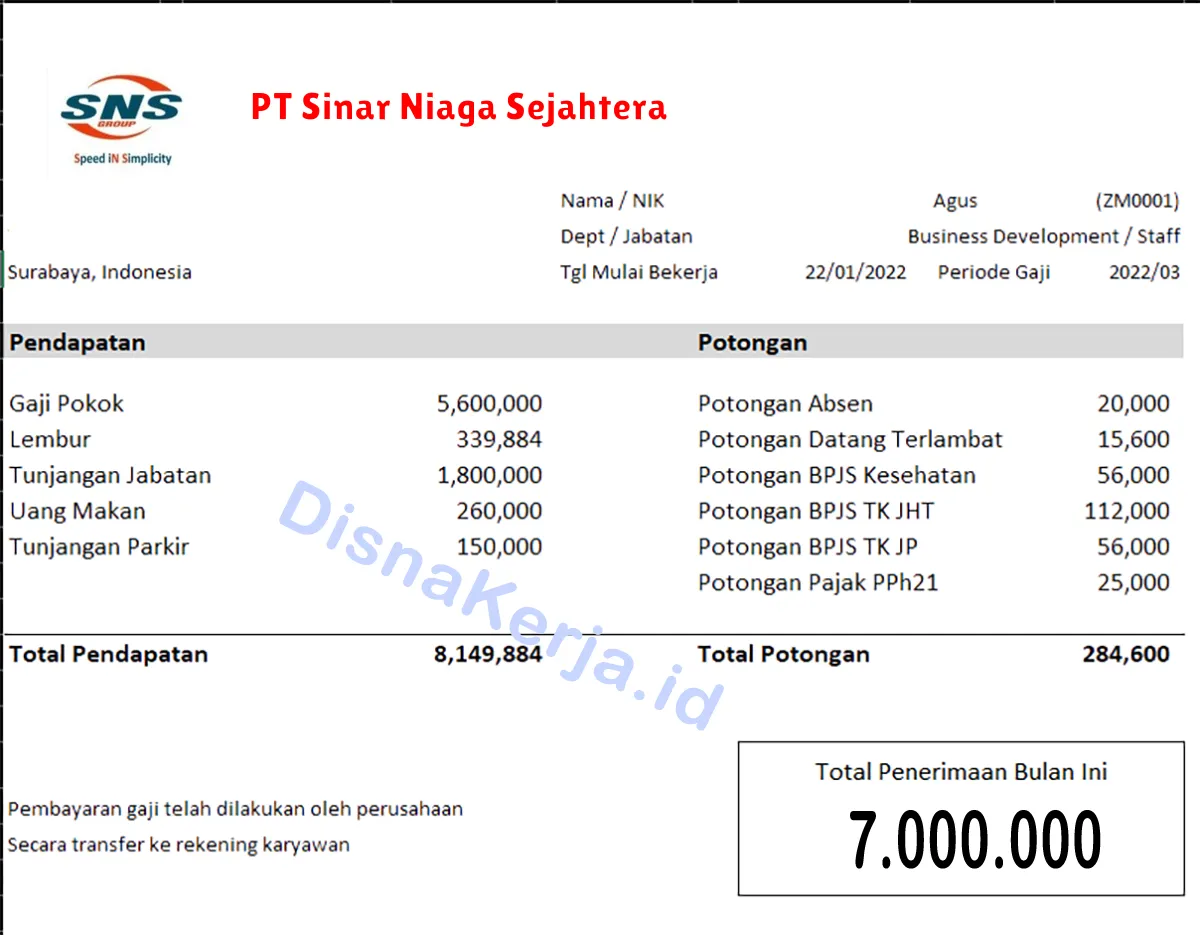 Slip Gaji PT Sinar Niaga Sejahtera