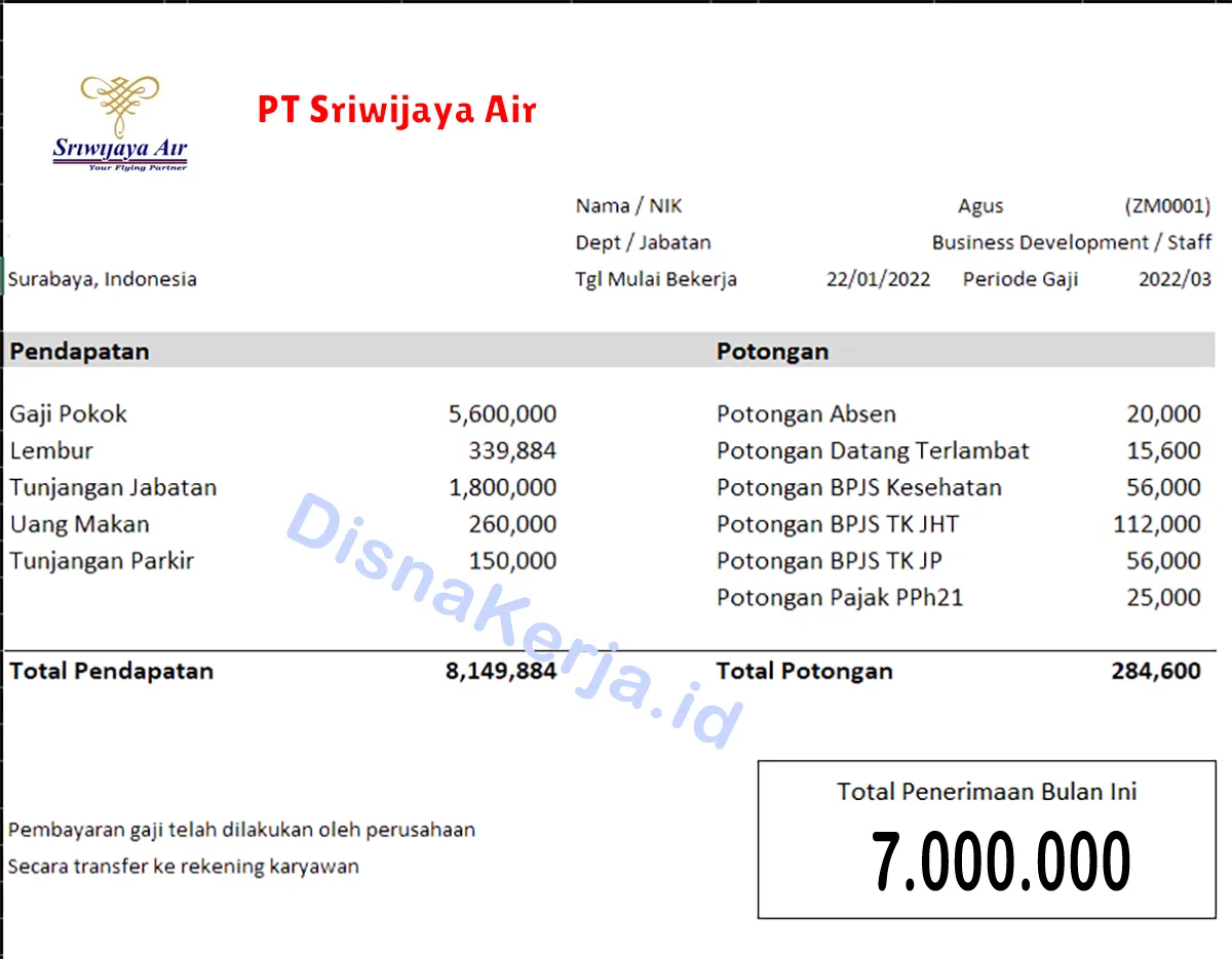 Slip Gaji PT Sriwijaya Air