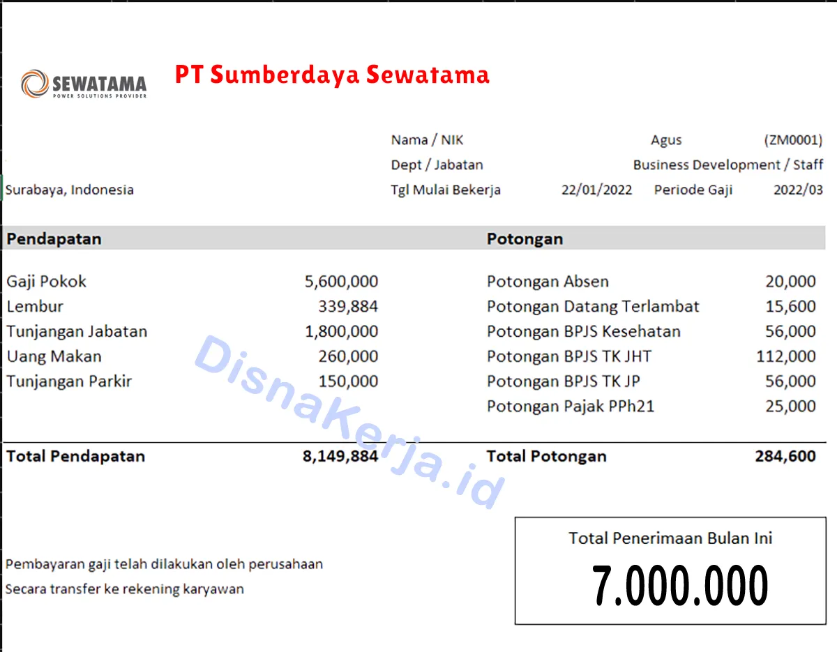 Slip Gaji PT Sumberdaya Sewatama