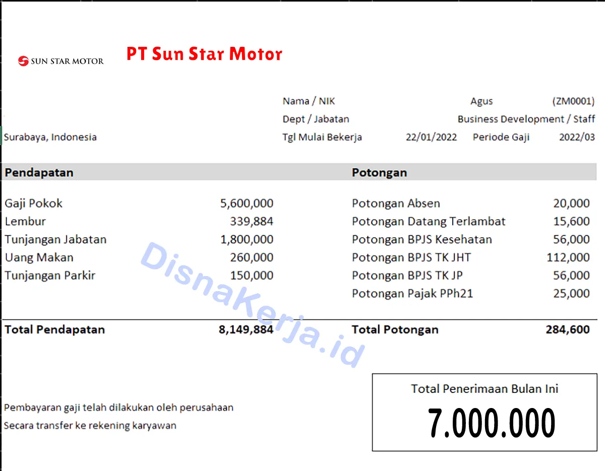 Slip Gaji PT Sun Star Motor