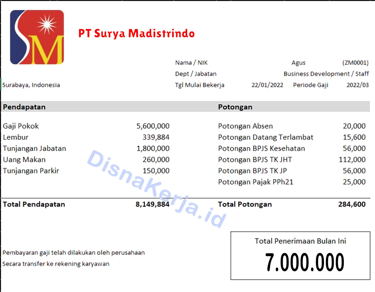 Slip Gaji PT Surya Madistrindo