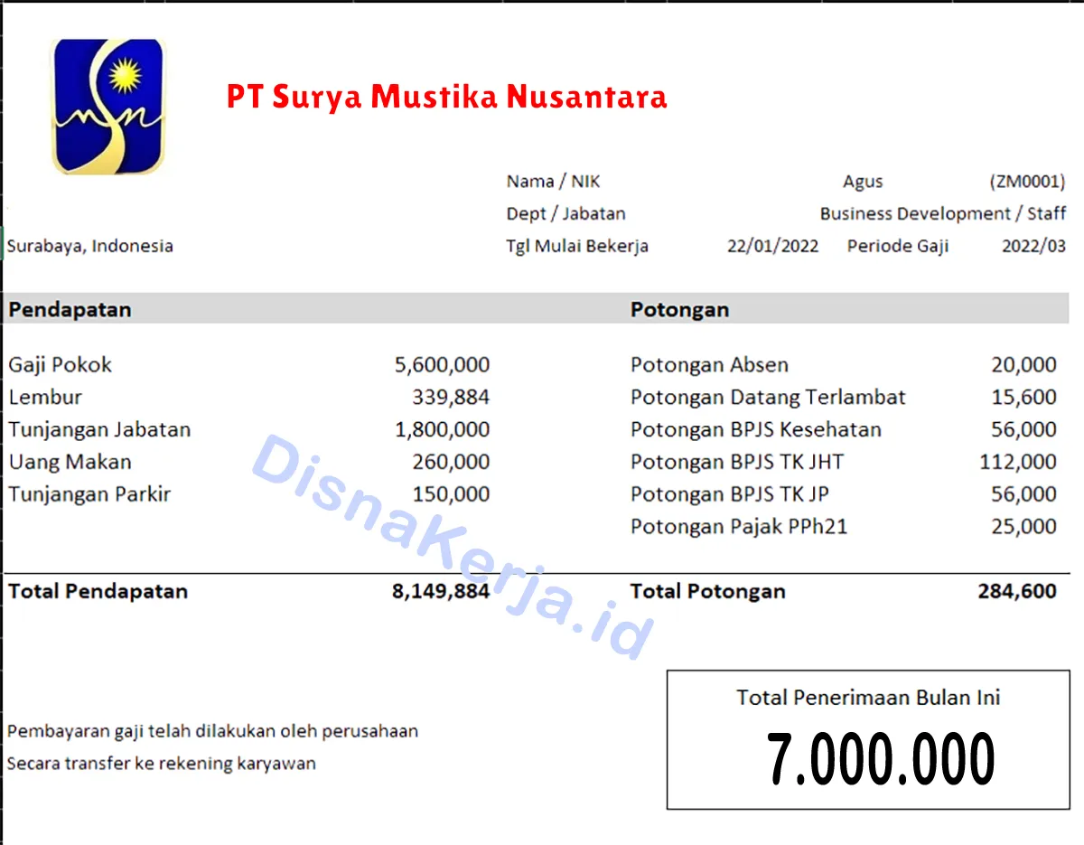 Slip Gaji PT Surya Mustika Nusantara