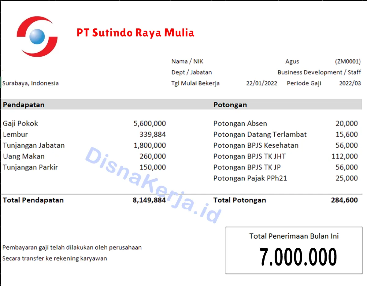 Slip Gaji PT Sutindo Raya Mulia