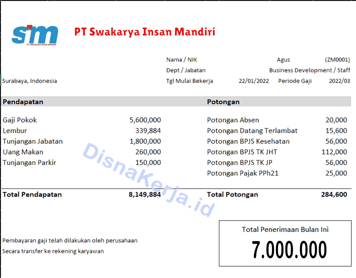 Slip Gaji PT Swakarya Insan Mandiri