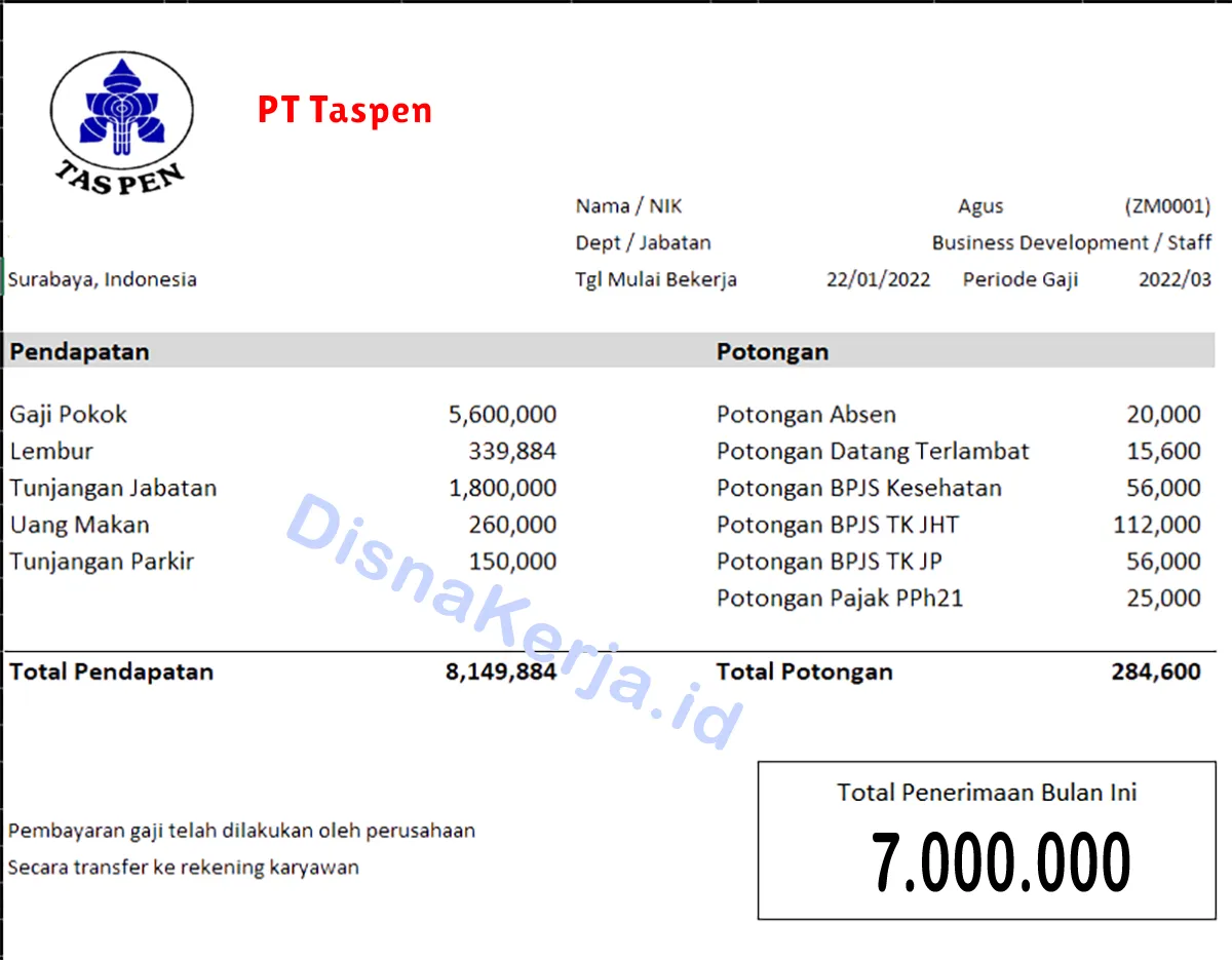 Slip Gaji PT Taspen