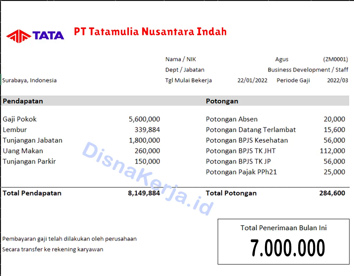 Slip Gaji PT Tatamulia Nusantara Indah