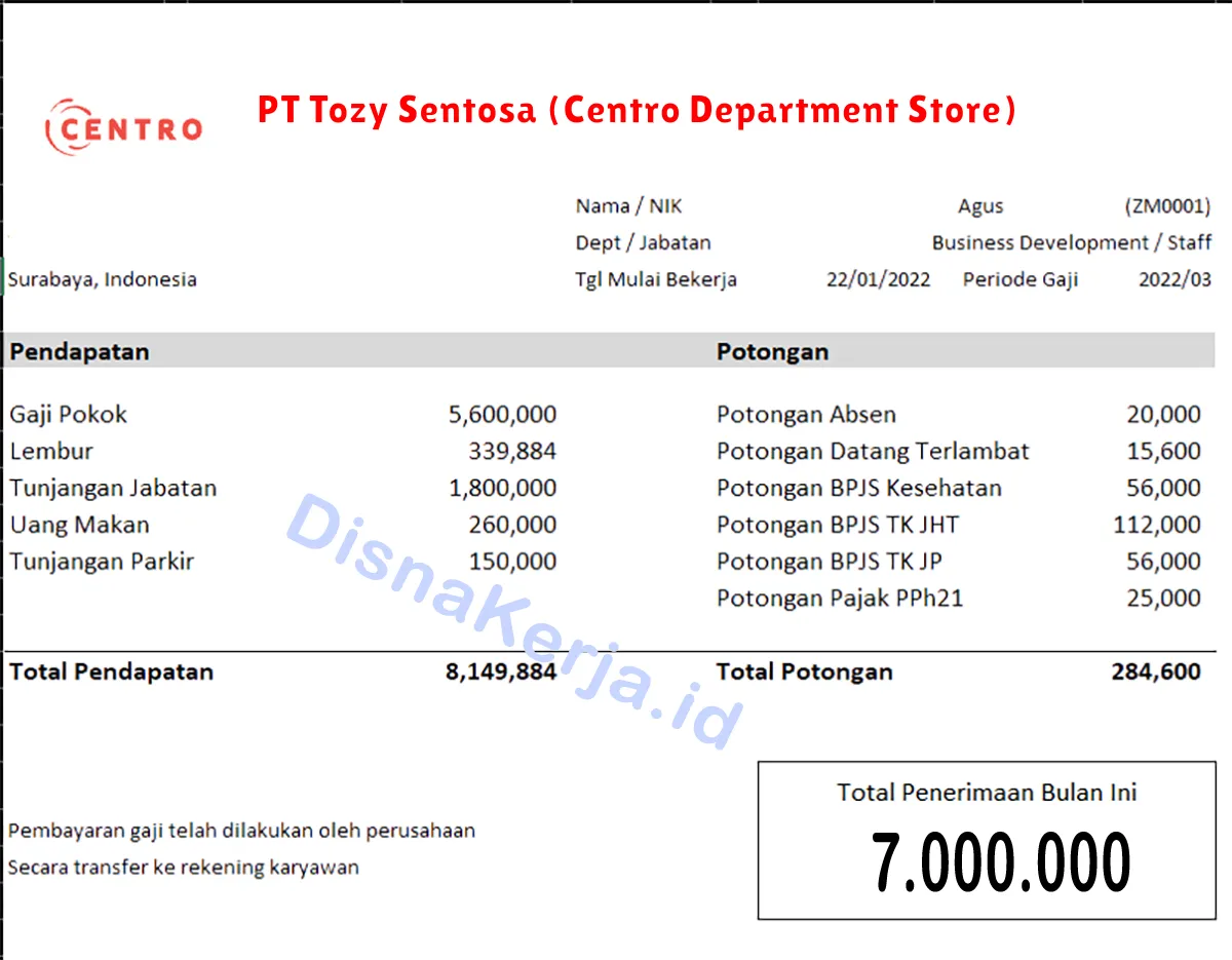 Slip Gaji PT Tozy Sentosa (Centro Department Store)