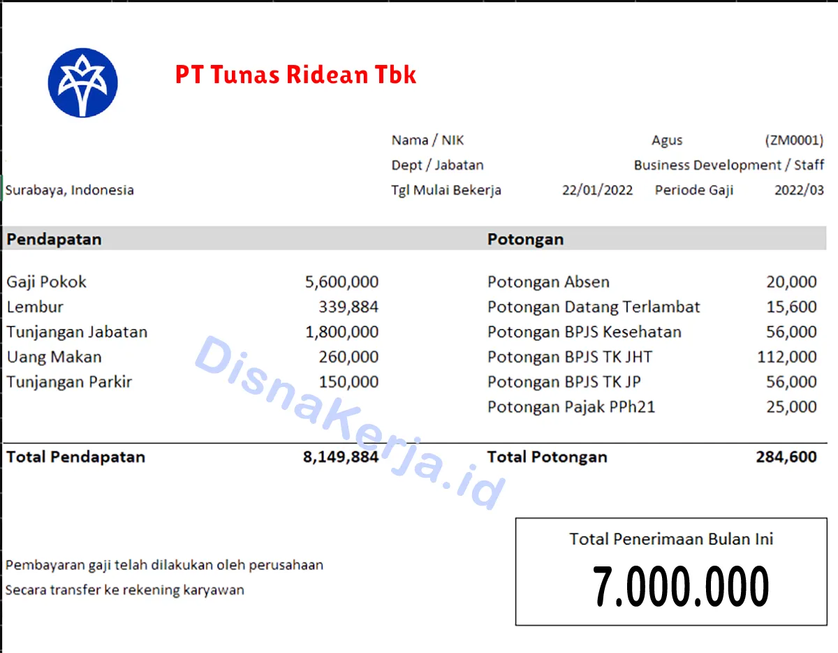 Slip Gaji PT Tunas Ridean Tbk