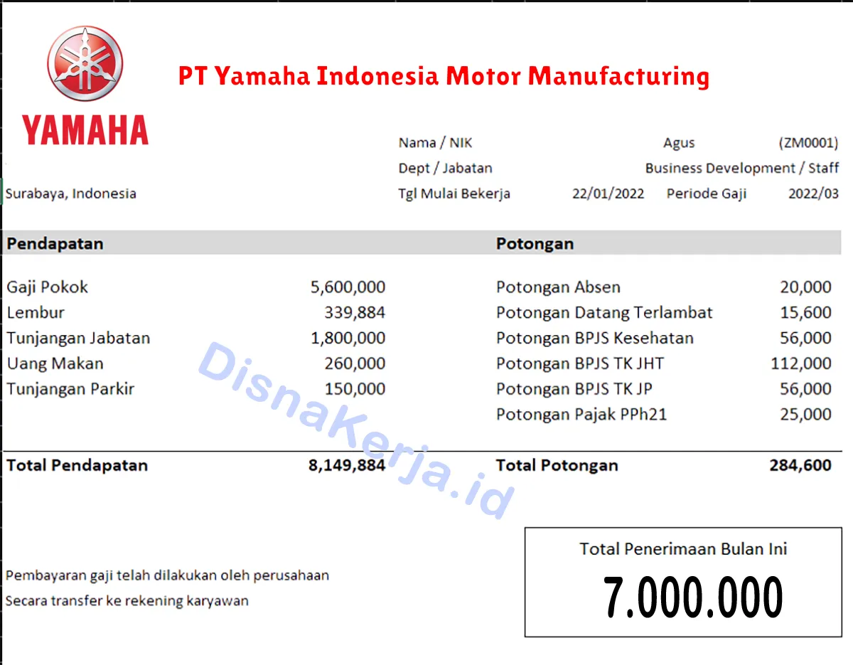 Slip Gaji PT Yamaha Indonesia Motor Manufacturing