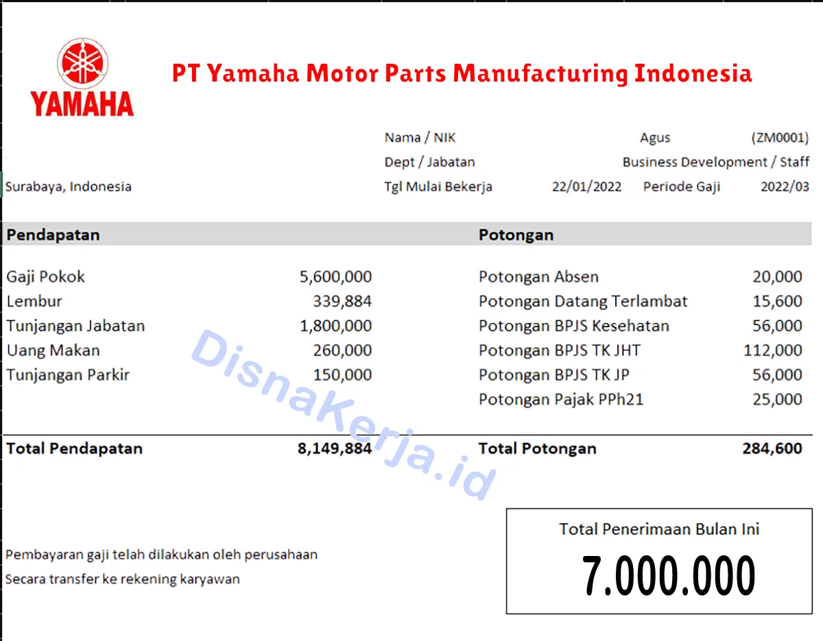 Slip Gaji PT Yamaha Motor Parts Manufacturing Indonesia